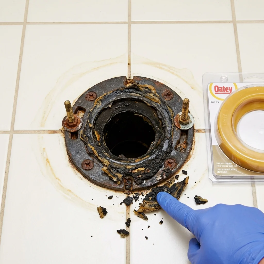 Failed wax ring showing water seepage at the base of a toilet in a Brooksville, KY home