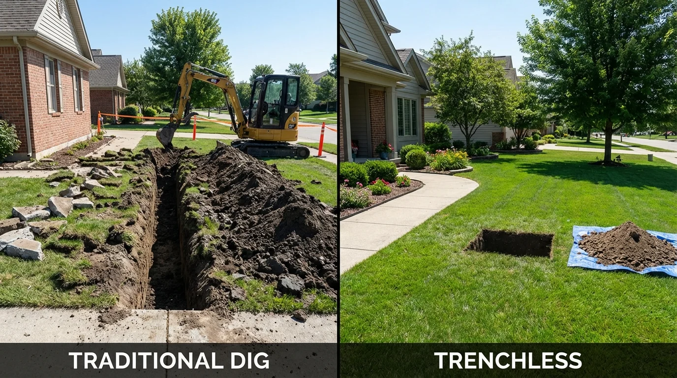Trenchless sewer repair with minimal yard damage versus traditional excavation in Brooksville, KY