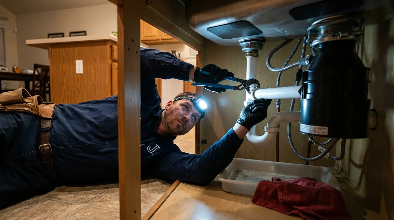 P-trap and supply line connections under a kitchen sink showing a common leak point in Brooksville, KY